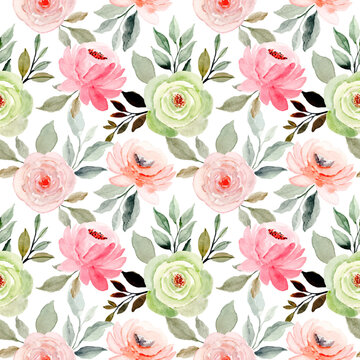 soft pink green floral watercolor seamless pattern