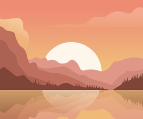 mountains and headlands view with sunset - vector illustration