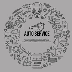 Circle banner with line icons of auto parts on a gray background. Template for auto service, car repair. In the center you can write any text. Concept for web posters and printed materials