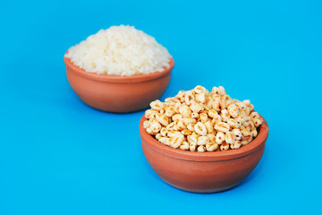 airy sweet rice and natural white rice in ceramic plates