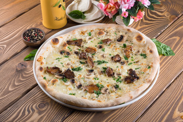 Delicious pizza with cheese, tomatoes, olives and greens
