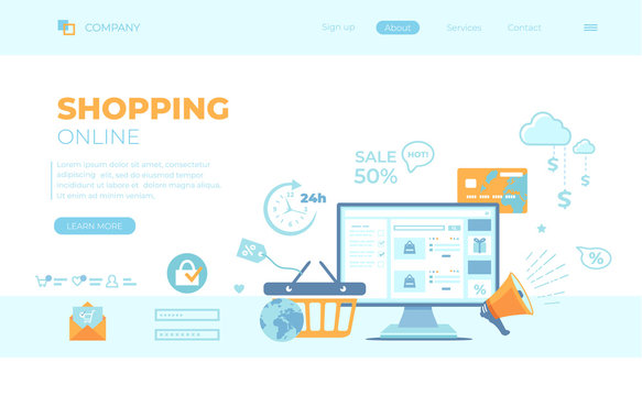 Online Shopping, Application, Service, Banking. Online store website interface, basket, cart, credit card, megaphone, discount, sale. Can use for web banner, landing page, web template.