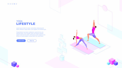 Trendy flat illustration. Yoga Lifestyle page concept. People doing yoga. Activity. Fitness. Template for your design works. Vector graphics.