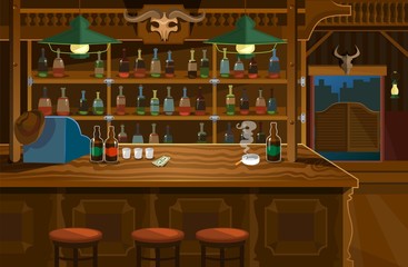 Wild west bar in wooden style with lots of alcohol vector illustration. Old tavern for relax cartoon design. Texas and american interior. Cowboy hat and bottles on table