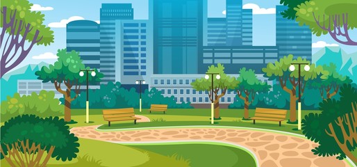 City summer park with green trees and benches vector illustration. Modern building behind walkway alley with bushes and lantern cartoon design. Landscape and nature concept