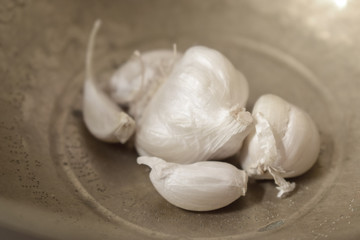 Fresh Garlic Cloves in Brass Bowl  Rustic Style