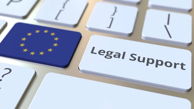 Legal Support text and flag of the European Union on the computer keyboard. Online legal service related 3D animation