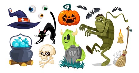 Halloween objects for horror party collection vector illustration. Set of hat, black cat, rip, ghost, pumpkin, eyeball, bat, skull, kettle, broom and mummy cartoon design. Isolated on white background © Microstocker.Pro