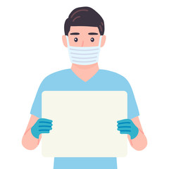 Surgeon holding blank board in his hands. Masked doctor male personage presenting sign