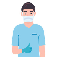 Surgeon showing thumbs up sign. Like, cool gesturing. Masked doctor male personage
