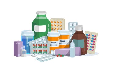 Capsules, blisters and glass bottles with medicine vector illustration. Plastic tubes with caps and pills flat style design. Drug medication and healthcare concept. Isolated on white background