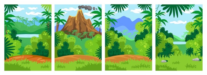 Jungle backgrounds with tropical leaves set vector illustration. Lake, volcano and mountain with green meadows cartoon design. Untouched nature and safari concept © Microstocker.Pro