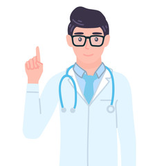 Fototapeta premium Doctor pointing finger up. Male personage came up with idea, gesturing. Character giving advice