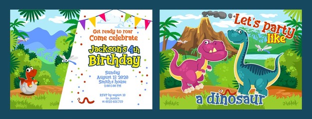 Lets party like dinosaurs birthday colourful card vector illustration. Get ready to roar come celebrate cartoon design. Bright tropical decorations. Fun concept