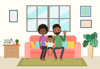 Cartoon happy african family stay home on sofa in the living room - Vector illustration