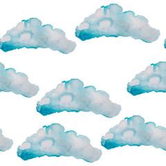 watercolor drawing of airy, fluffy, clouds. blue, white, gray