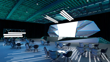 Ilustración 3D de escenario en bodega, para eventos corporativos y especiales con pantallas LED - obrazy, fototapety, plakaty