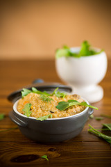 boiled bulgur groats with vegetables and herbs