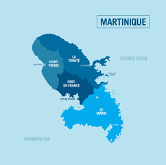Martinique, Martinica Island country political map. Detailed vector illustration with isolated provinces, regions, departments and cities.