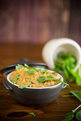 boiled bulgur groats with vegetables and herbs