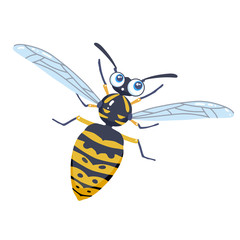 Flying a cheerful wasp. Children character insect with big eyes. Vector flat illustration.