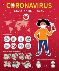 Coronavirus, Preventions, info graphic  how to wash your hands, girl wearing mask and her hand hold spray for kill virus, vector illustration. - 336705398