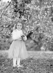 Obraz na płótnie Canvas Stunning black and white portrait little girl laughs and has fun in a flying skirt and a fur blouse with a bouquet of blossoming cherry flowers in a spring garden. Daughter's day. Easter
