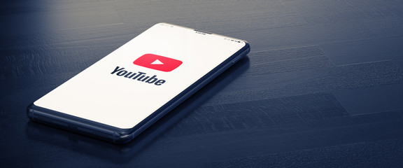 KYIV, UKRAINE-JANUARY, 2020: Youtube on Smart Phone Screen. Youtube - Most Popular Messenger for Communication Between People in Internet. 3D.