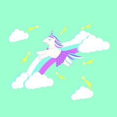 Children's illustration-a unicorn jumping over a rainbow. made in the flat style. The entire illustration is in soft colors. Suitable for children's products.