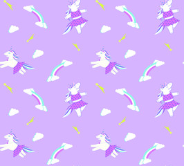 Seamless vector pattern with cartoon unicorns, clouds and rainbows on a lilac background. Perfect for children's products, especially for girls.
