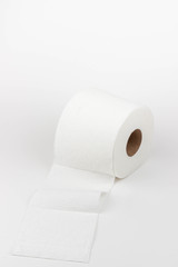 A high-key photograph of a roll of a white roll of toilet paper.