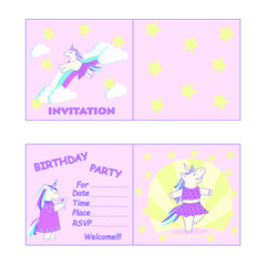 Cute invitation for a child's birthday with graphs indicating the date, place and time of its holding. Made in delicate colors, in a vector, in the flat style.