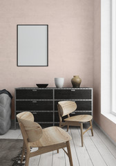 Mock up poster frame in interior background, living room, Scandinavian style, 3d render. 3D illustration.