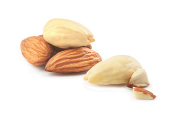 Almonds on a white background. Peeled almonds.