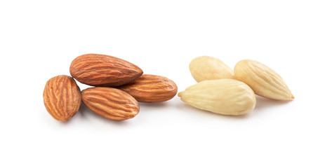 Two handfuls of almonds on a white background