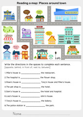 Reading a map: Places around town - Giving direction - Worksheet for education.