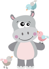 Cute hippo with three birds