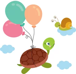 Afwasbaar Fotobehang Dieren met ballon Schildpad vliegt met ballonnen in de lucht en slak op wolk