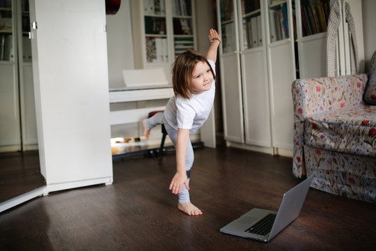 Child Dancing,aerobics In Online Video Chat Laptop