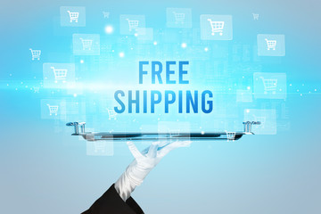 Waiter serving FREE SHIPPING inscription, online shopping concept