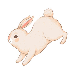Cute rabbit with pink ears cheerfully jumps. An element for Easter design. Imitation of handmade watercolors