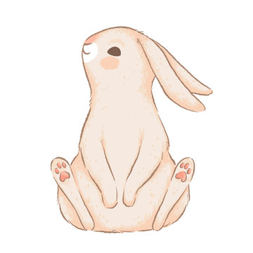 Cute rabbit with long ears sits on the floor. An element for Easter design. Imitation of handmade watercolors