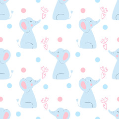 Baby cute pastel blue elephant seamless pattern on a white background with blue and pink dots.Children's illustration for textiles, bedding, wallpaper and other materials.
