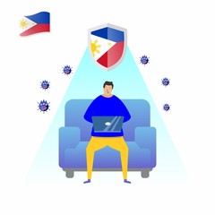 Work from home during the COVID-19 virus outbreak. People work at home to prevent viral infections. a Filipino man who sits on a sofa and works using a laptop at home. stay at home and stay healthy.