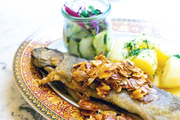grilled seafood and vegetables-french cuisine dish with many vegetables