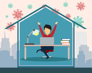 Man has working from home protect virus coronavirus concept flatdesign.