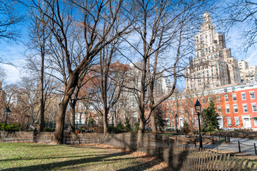 Obraz premium Washington Square, Manhattan, New York City. Trees and buildings on a beautiful winter day