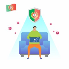 Work from home during the COVID-19 virus outbreak. People work at home to prevent viral infections. a Portuguese man who sits on a sofa and works using a laptop at home. stay at home and stay healthy.