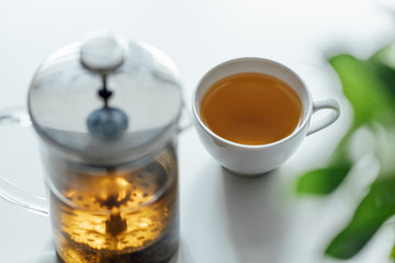 Cup of tea with pot on the white table, green leafs on right side