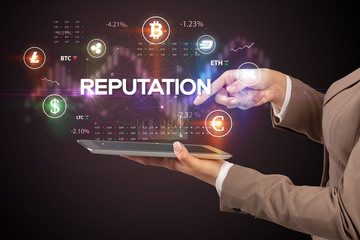 Close-up of a touchscreen with REPUTATION inscription, business opportunity concept
